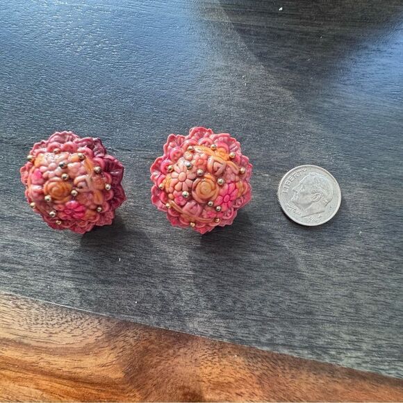 Vintage Orange Earrings Clip On Round Floral With Gold Beads Detail Retro - Picture 3 of 7